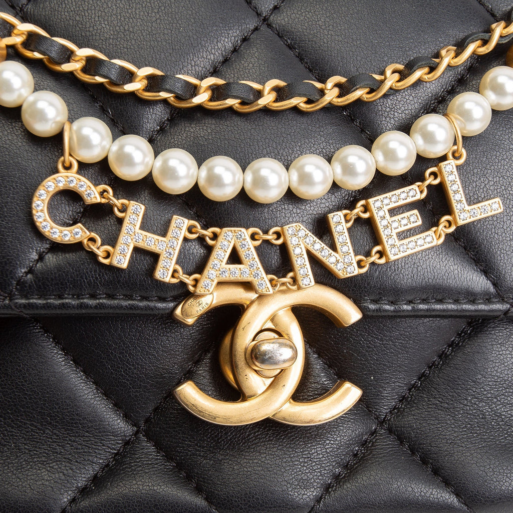 CH Pearl Logo Lambskin Flap Bag - Black