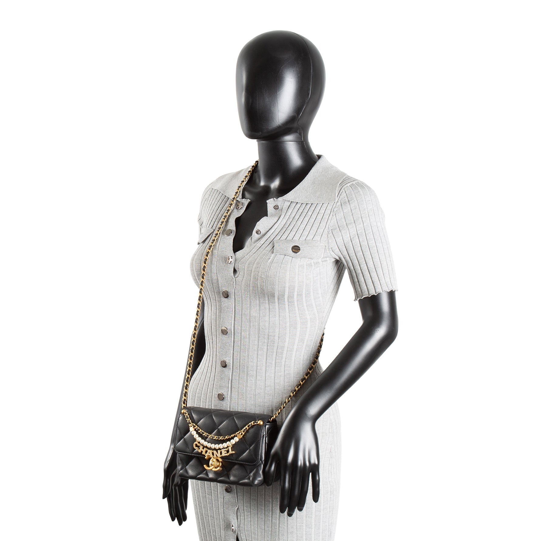 CH Pearl Logo Lambskin Flap Bag - Black