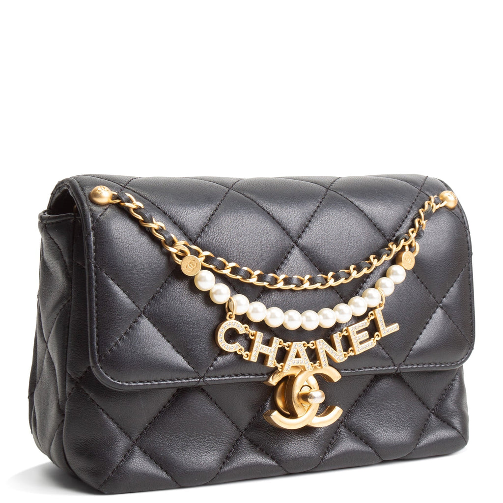 CH Pearl Logo Lambskin Flap Bag - Black