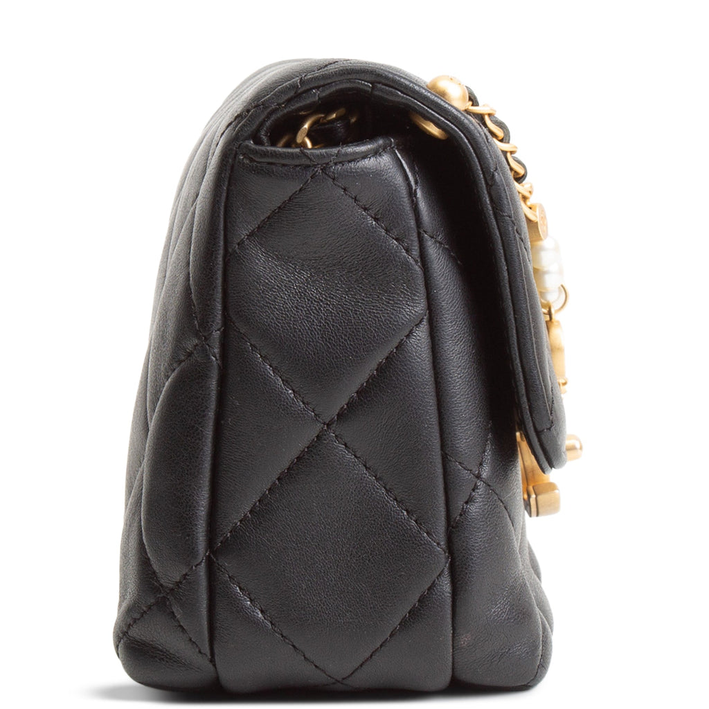 CH Pearl Logo Lambskin Flap Bag - Black