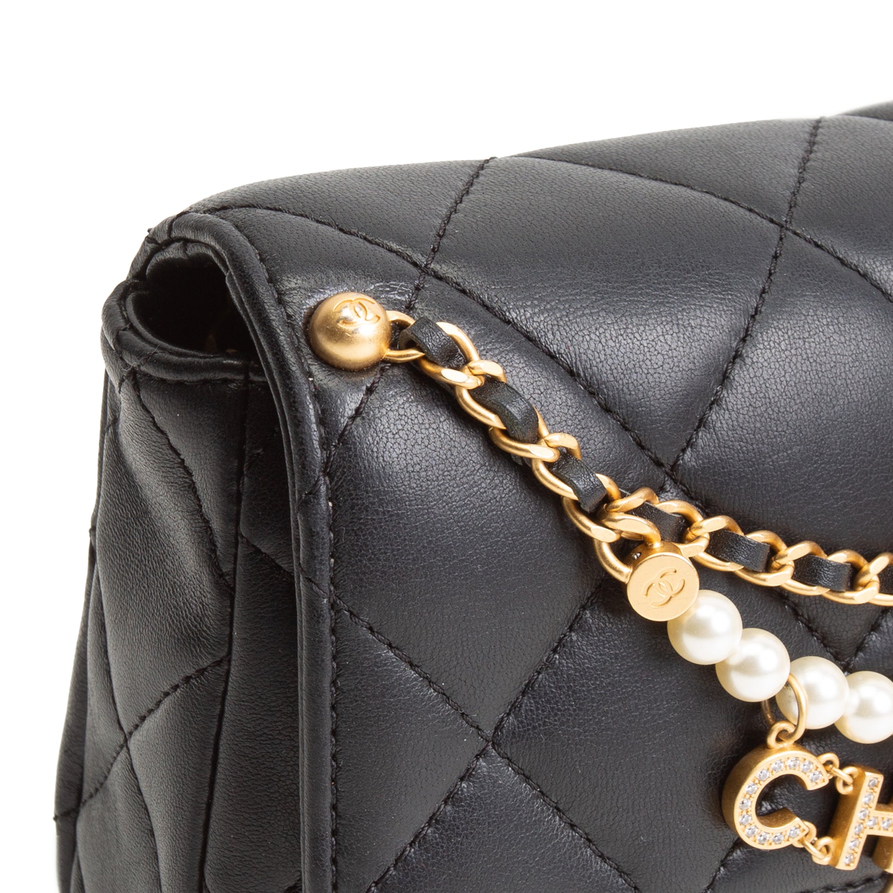 CH Pearl Logo Lambskin Flap Bag - Black