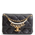 CH Pearl Logo Lambskin Flap Bag - Black