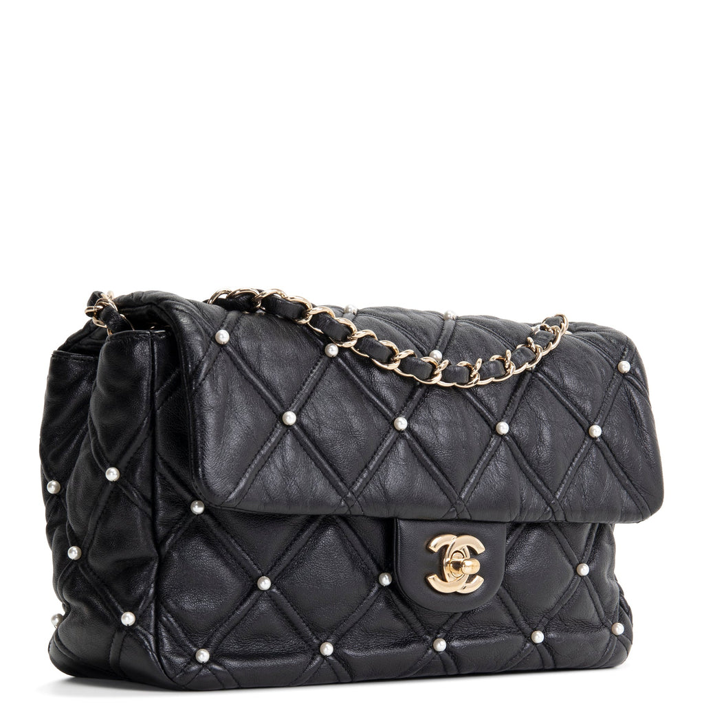CH CC Flap Pearl Studded Quilted Lambskin - Black