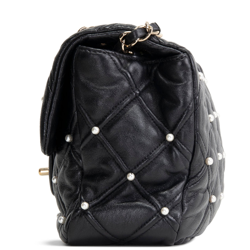 CH CC Flap Pearl Studded Quilted Lambskin - Black
