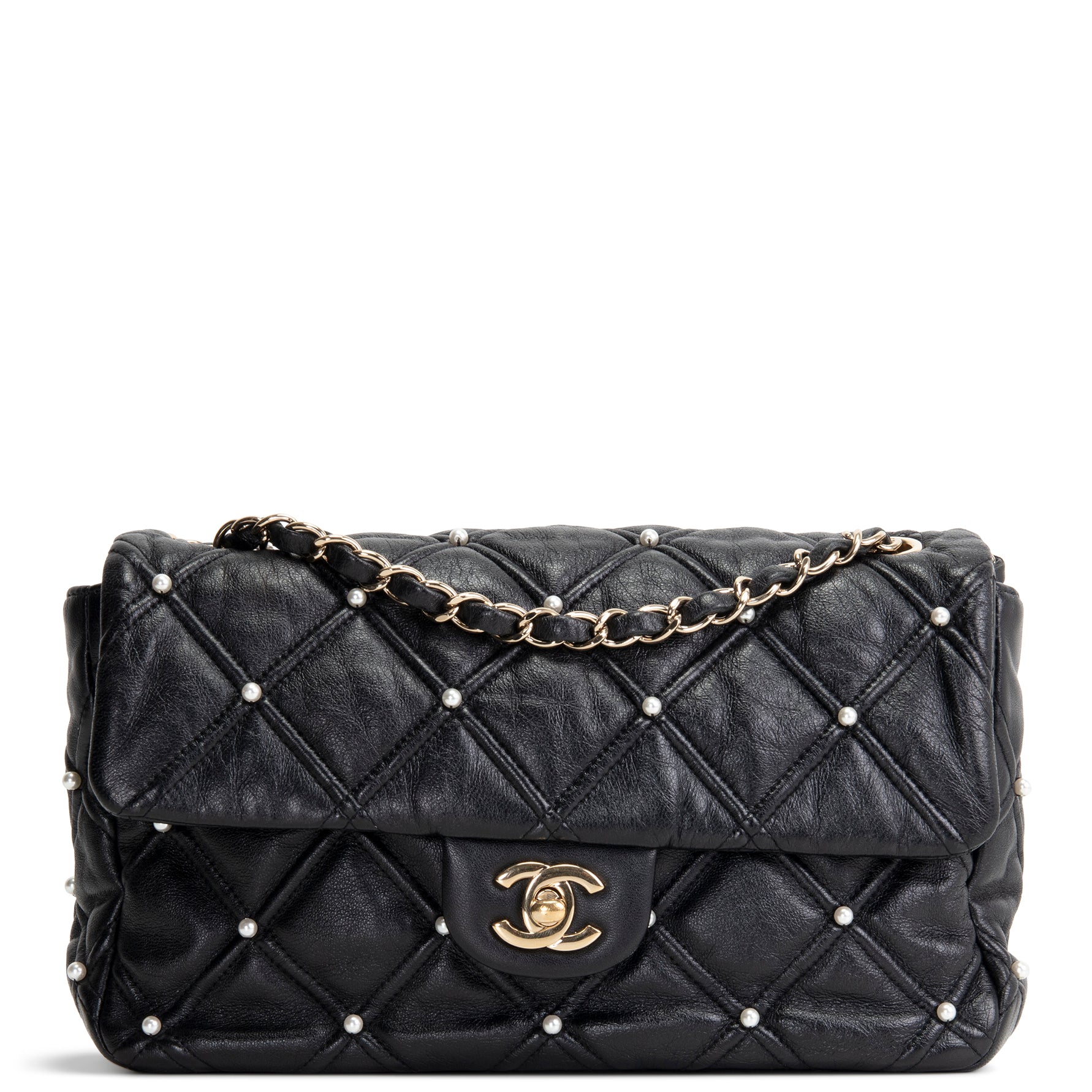 CH CC Flap Pearl Studded Quilted Lambskin - Black