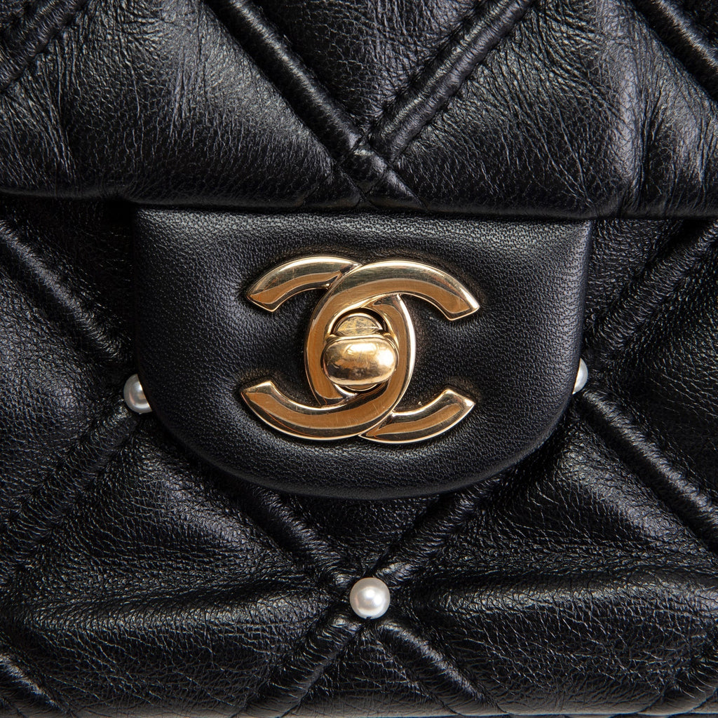 CH CC Flap Pearl Studded Quilted Lambskin - Black