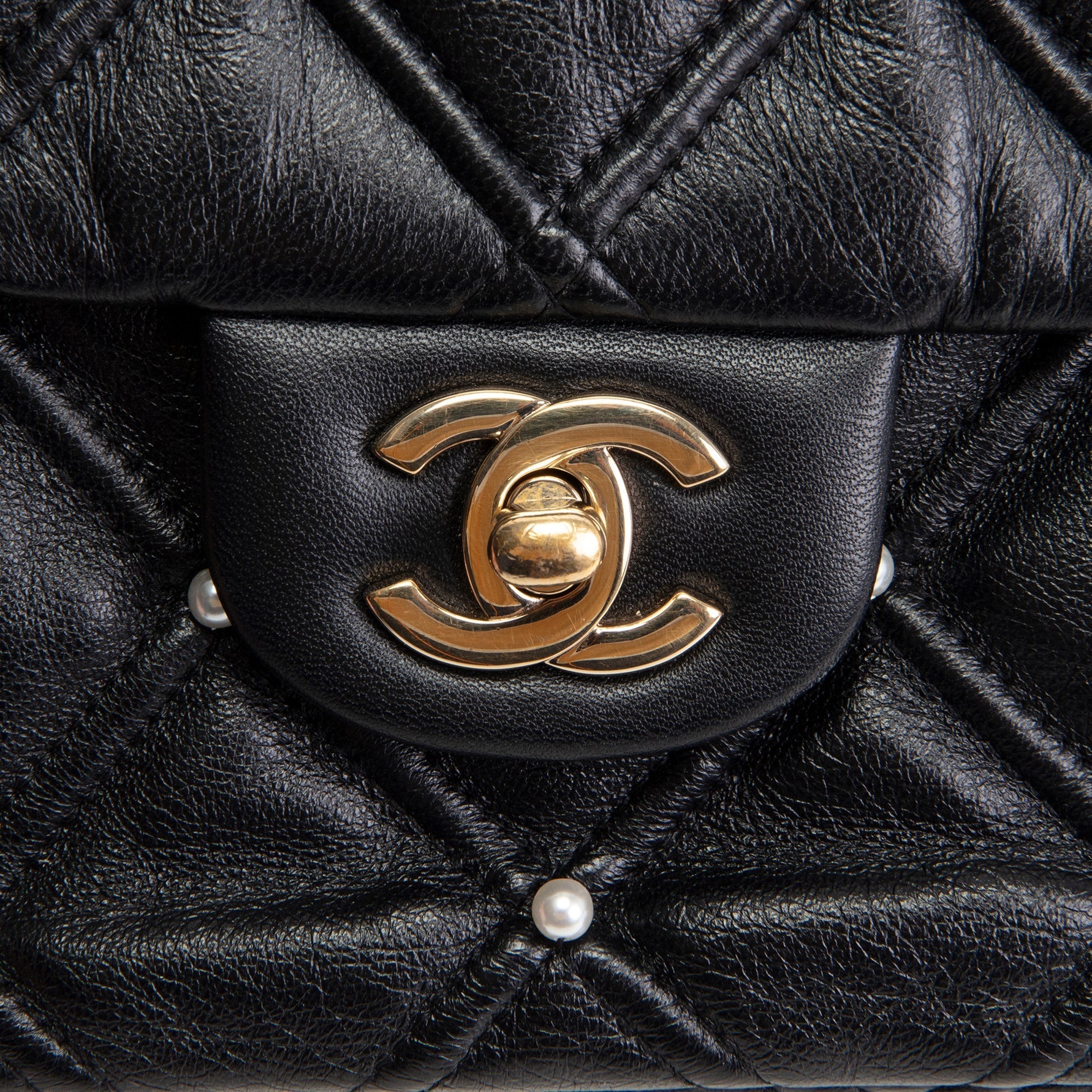 CH CC Flap Pearl Studded Quilted Lambskin - Black