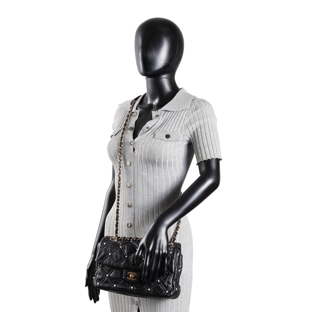 CH CC Flap Pearl Studded Quilted Lambskin - Black