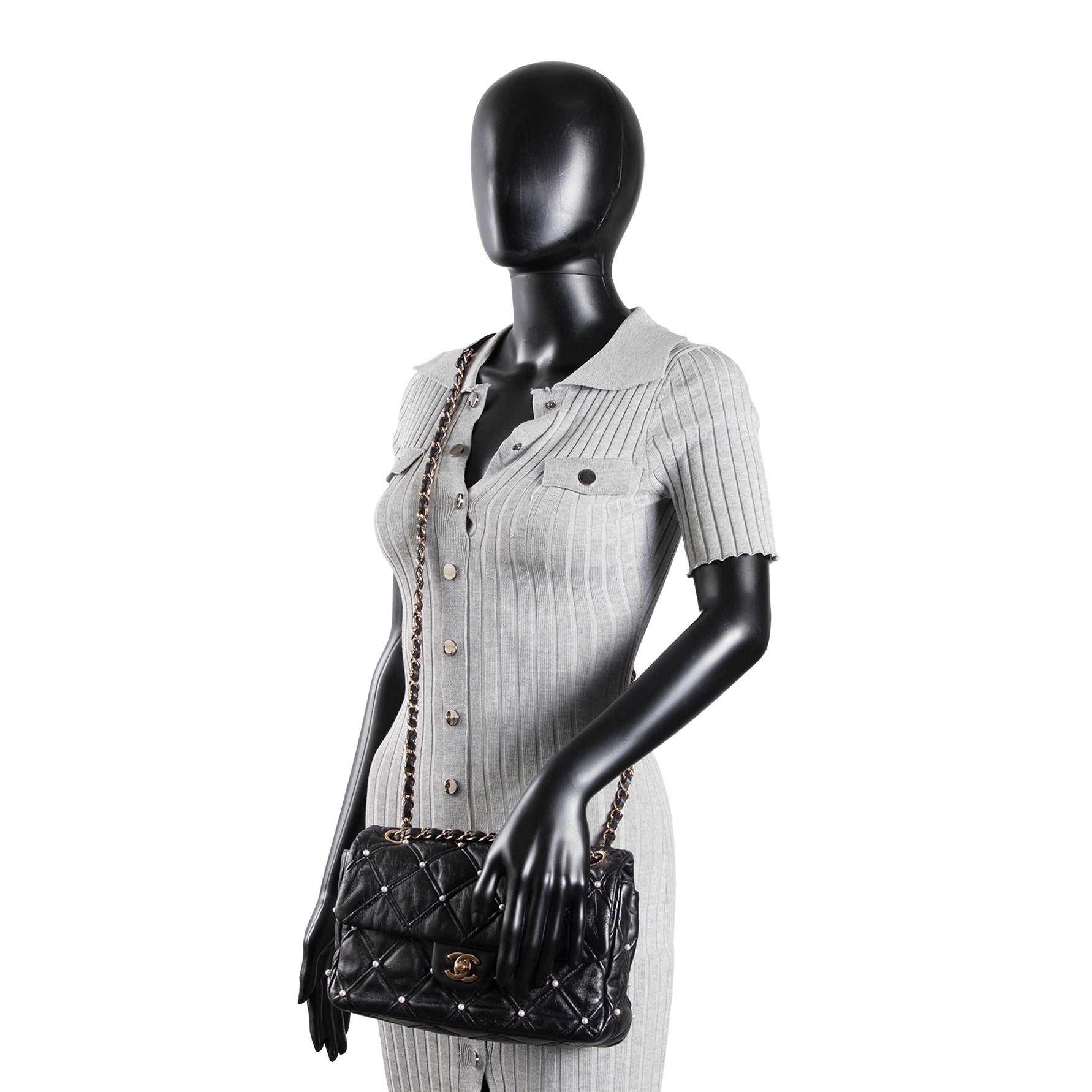 CH CC Flap Pearl Studded Quilted Lambskin - Black