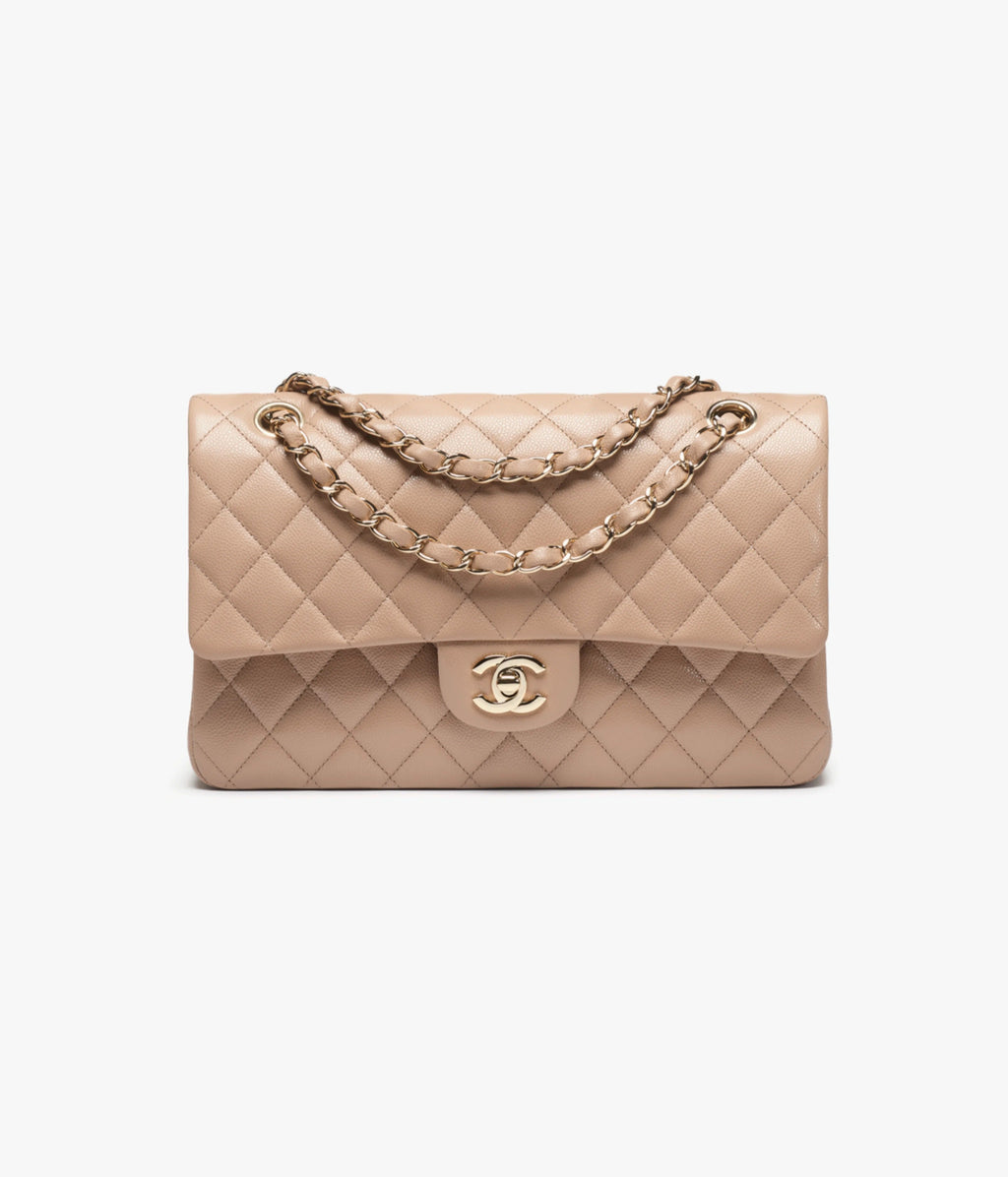Classic 11.12 Handbag Grained Shiny Calfskin & Gold-Tone Metal Dark Beige