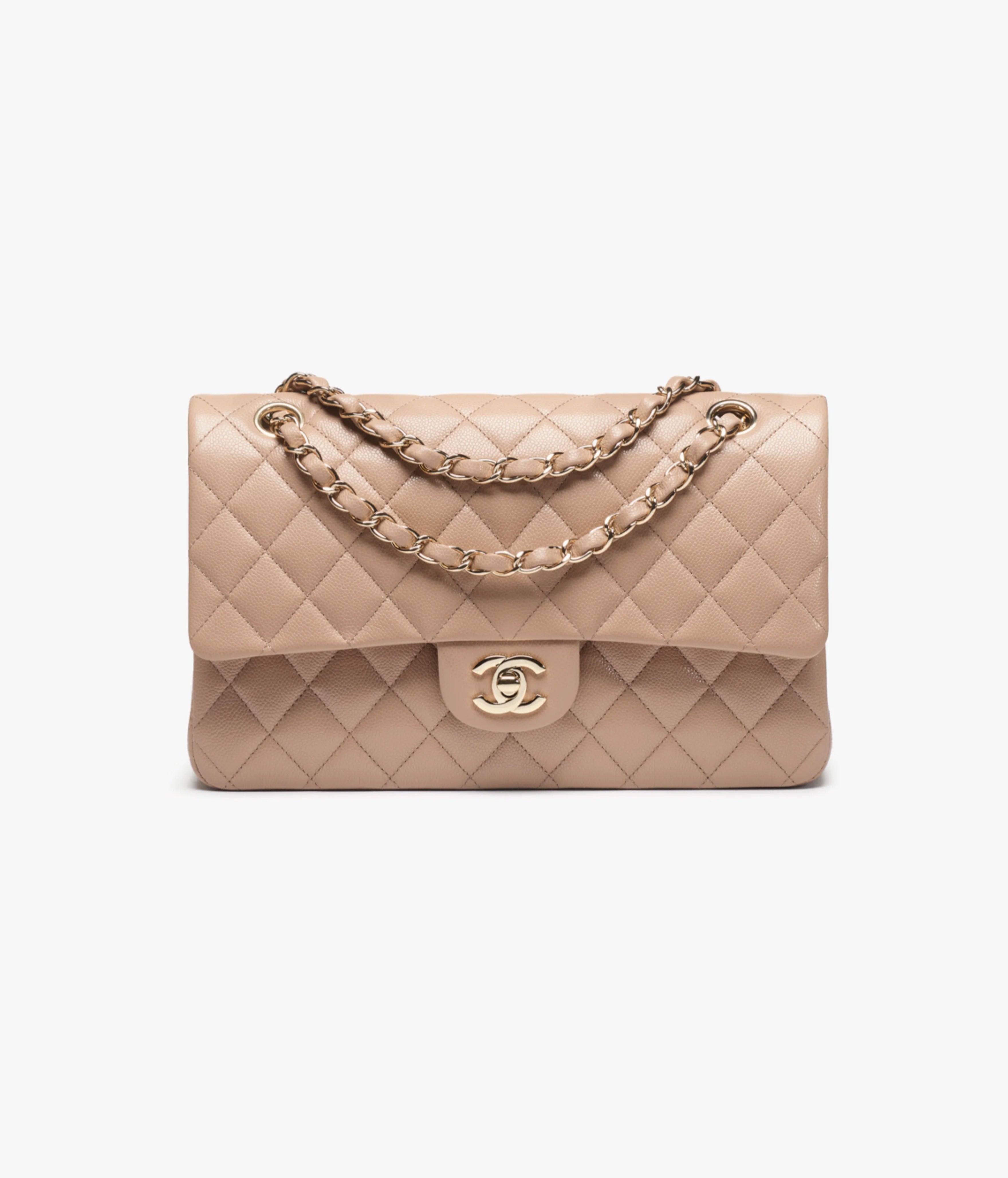 Classic 11.12 Handbag Grained Shiny Calfskin & Gold-Tone Metal Dark Beige