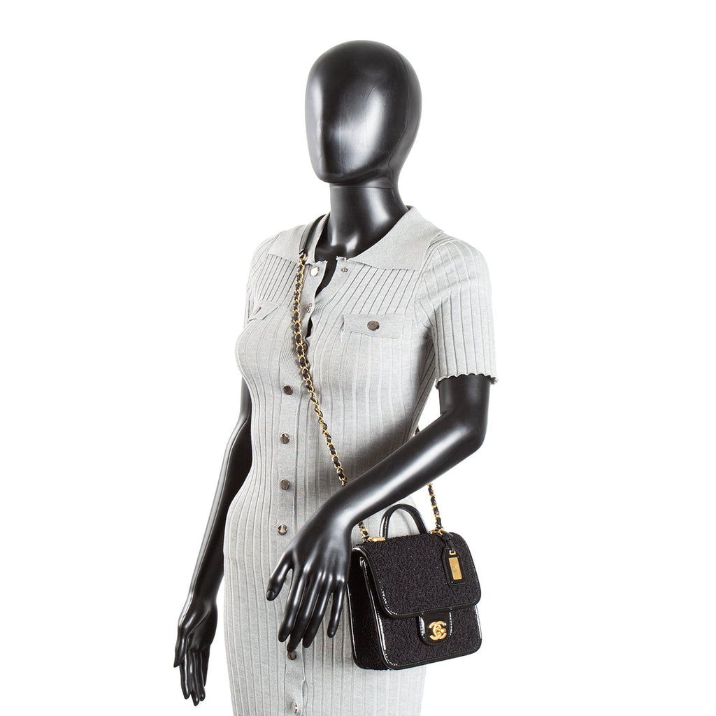 CH Tweed Top Handle School Memory Flap Bag - Black